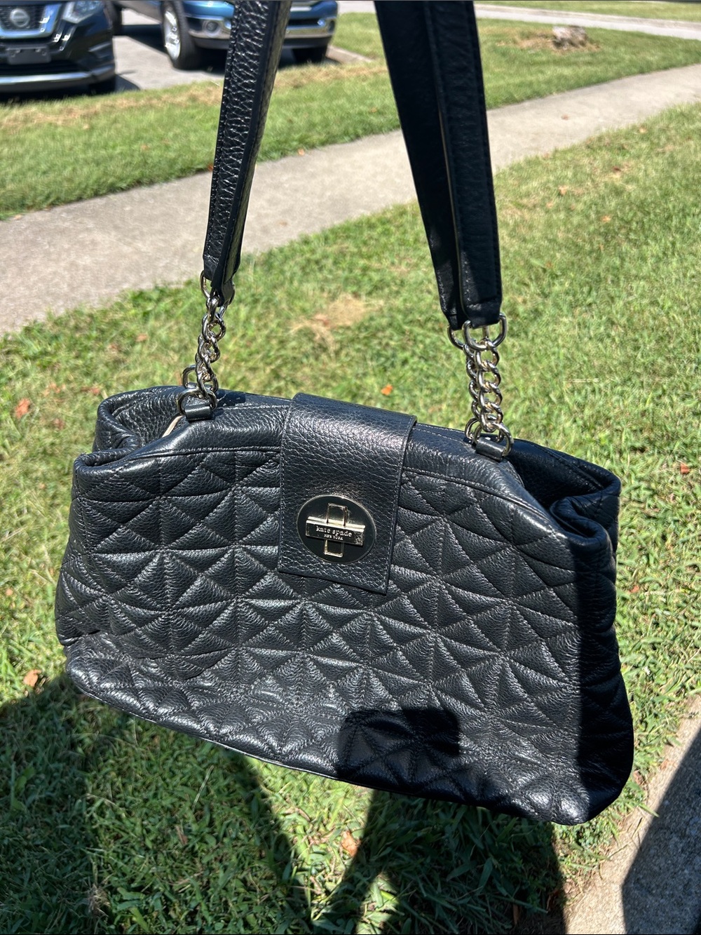 kate spade Black Quilted Leather Shoulder Bag with Chain-Trim Straps